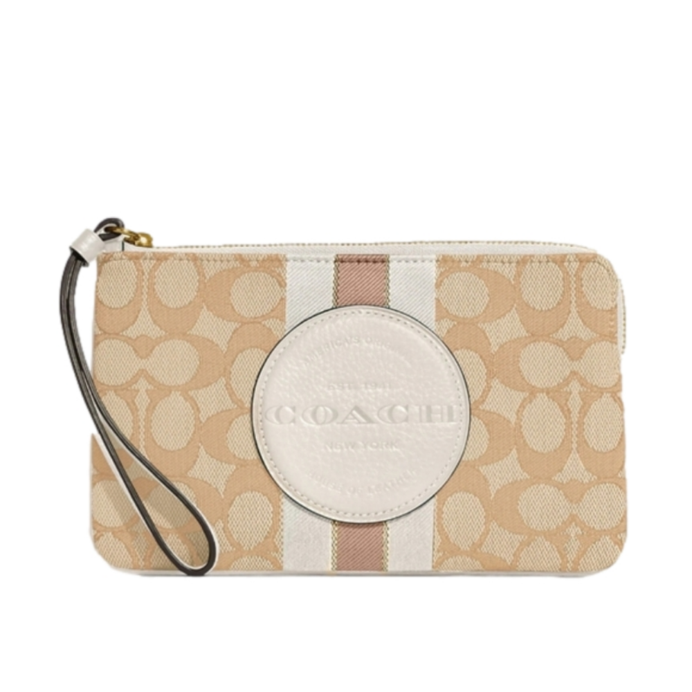 NWT COACH DEMPSEY LARGE CORNER ZIP WRISTLET SIGNATURE JACQUARD STRIPES & PATCH